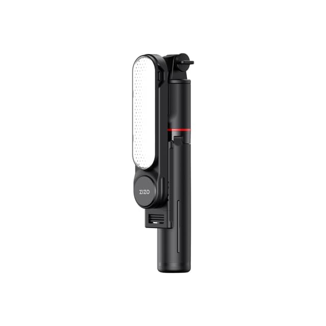 The black ZIZO Gear LED stick folded flat, its light panel facing the camera with the LED array visible through the diffuser, on a white background