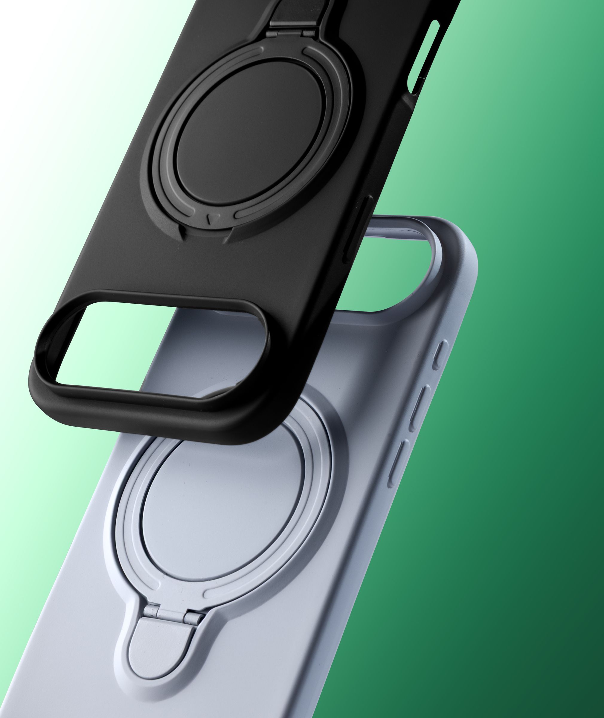Macro on the fold-out ring of a black ZIZO Revolve case, a second pale case stacked behind, against a green gradient