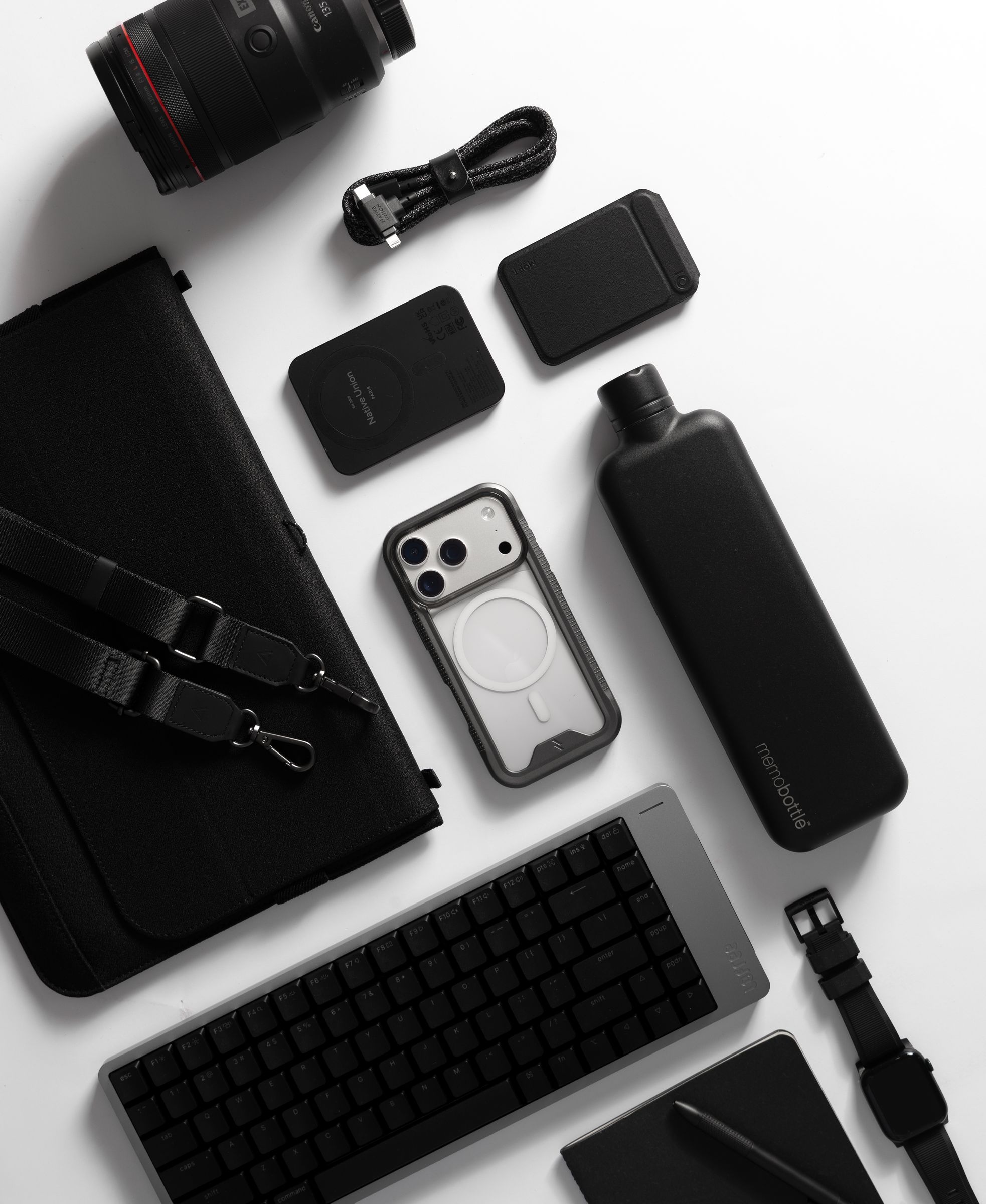 A clear ZIZO ION MagSafe case on a silver iPhone 17 Pro among all-black everyday-carry gear on a white surface