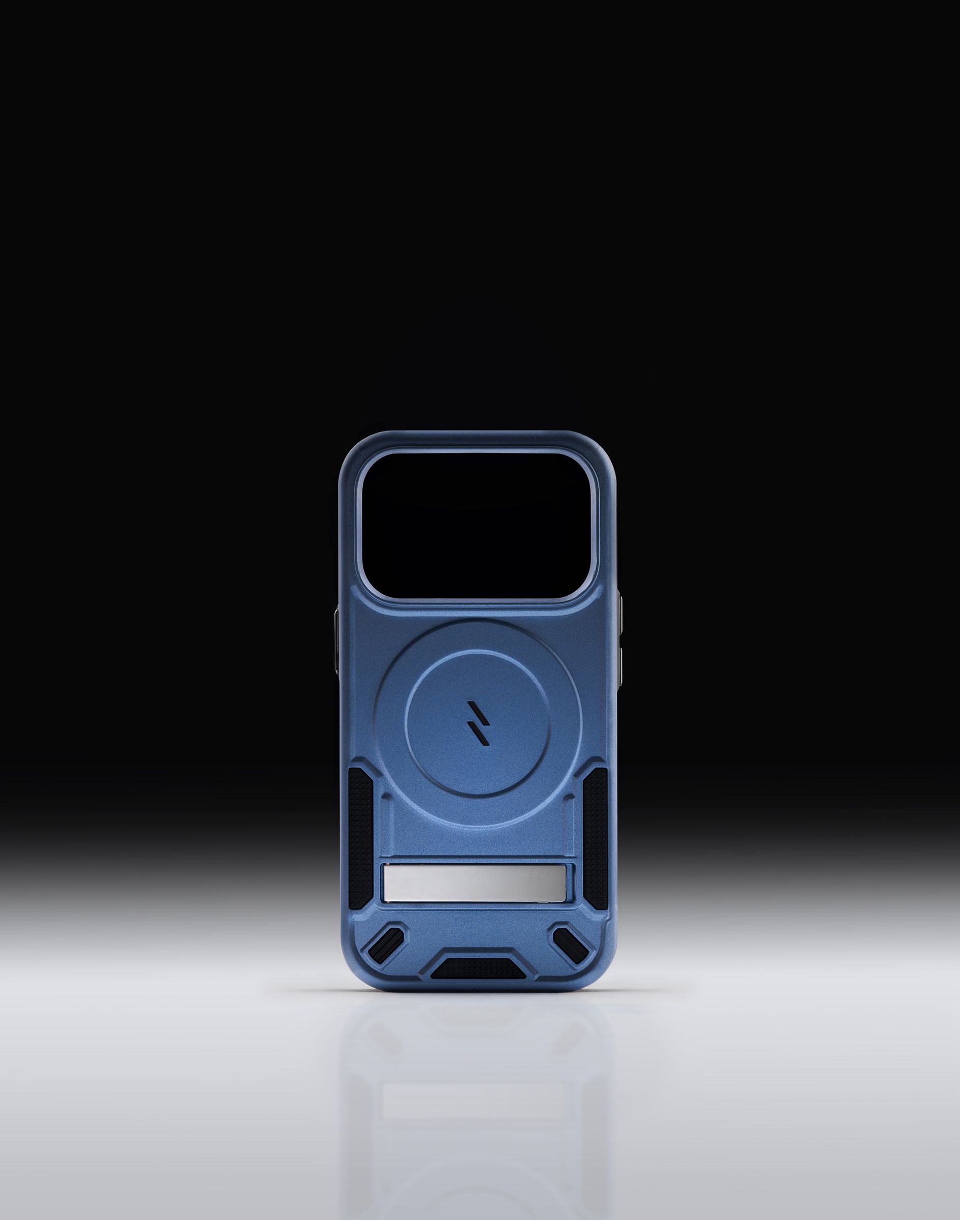 ZIZO Transform MagSafe case in blue, dead-on with the kickstand closed and flush against the back panel