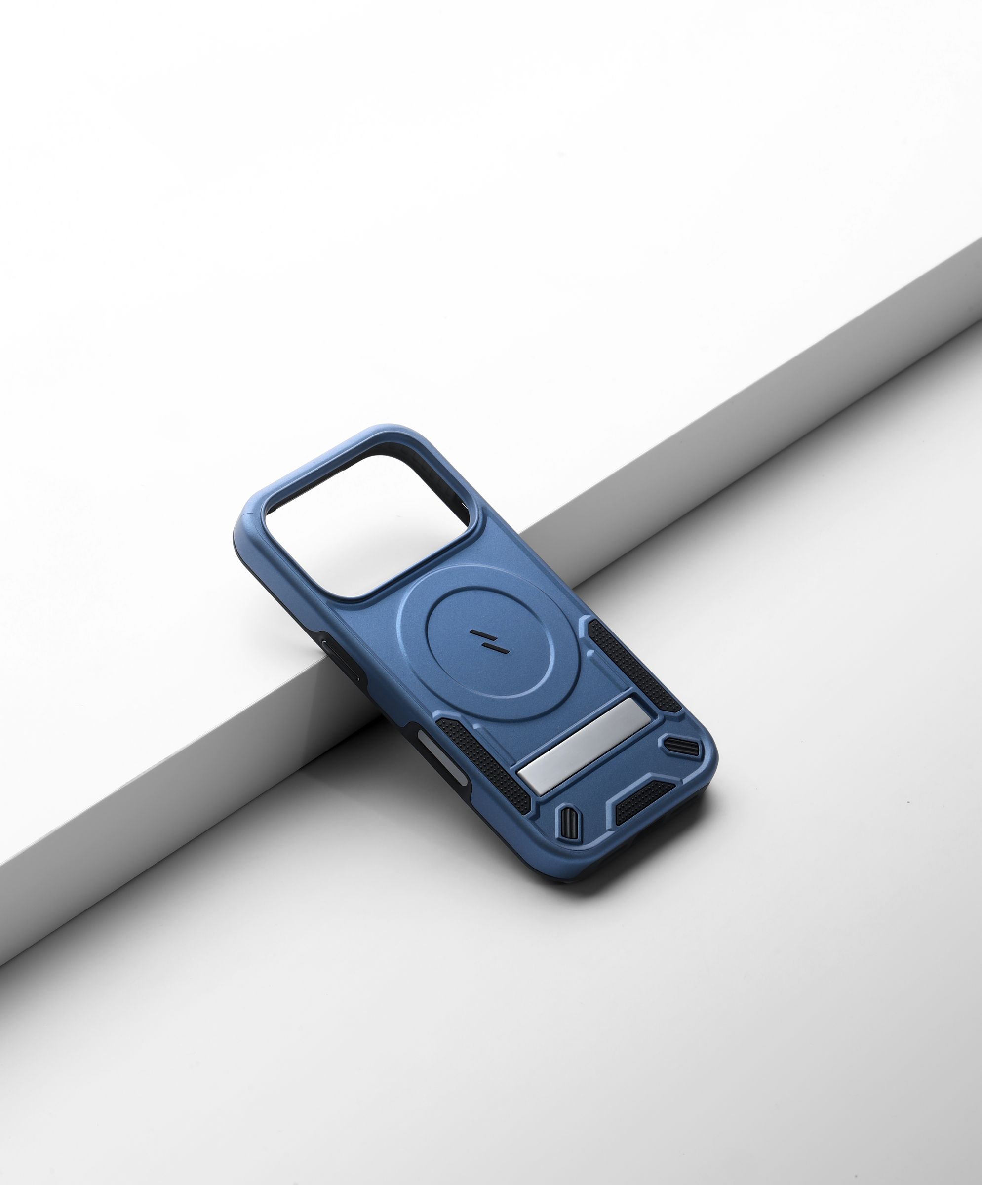 ZIZO Transform MagSafe case in blue at a diagonal lean, light catching the edges of the kickstand plate