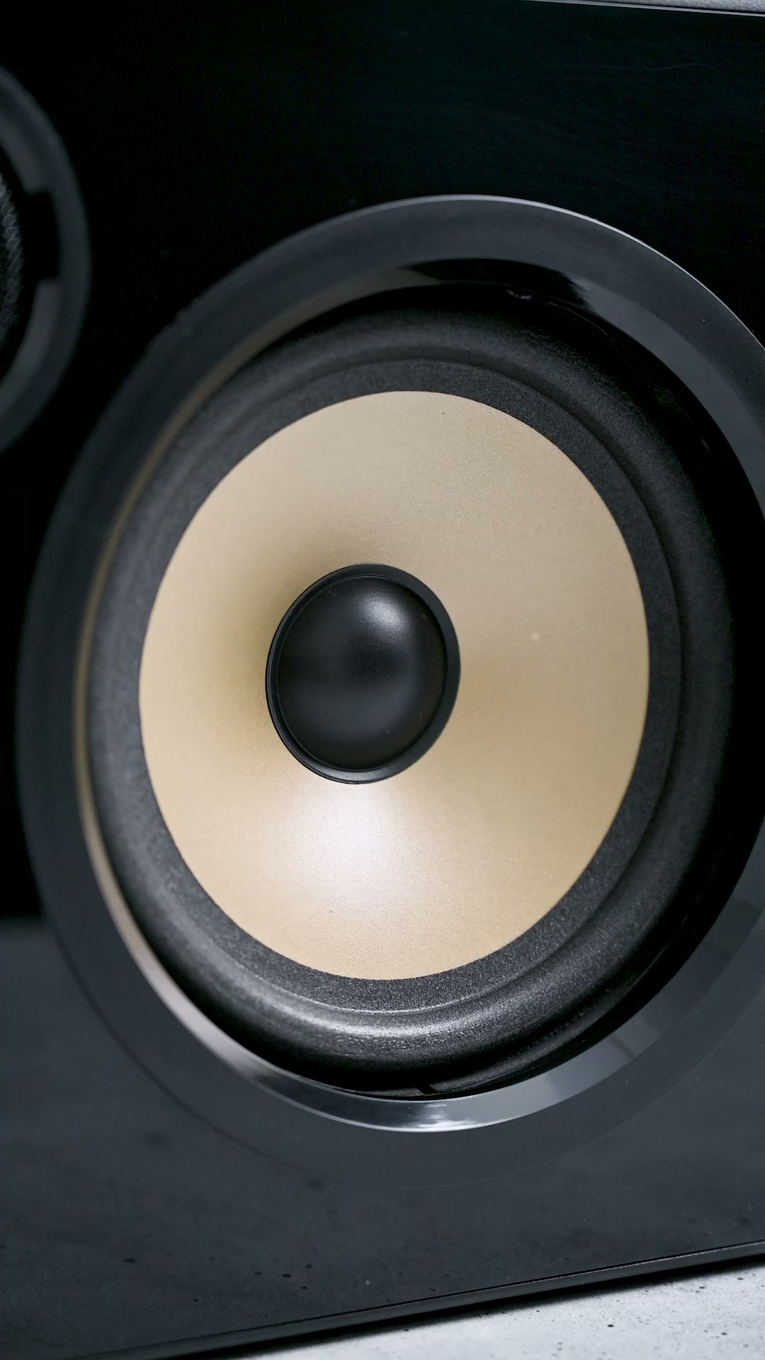 Extreme close view of the ZIZO Retro boombox's cream woofer cone and black surround